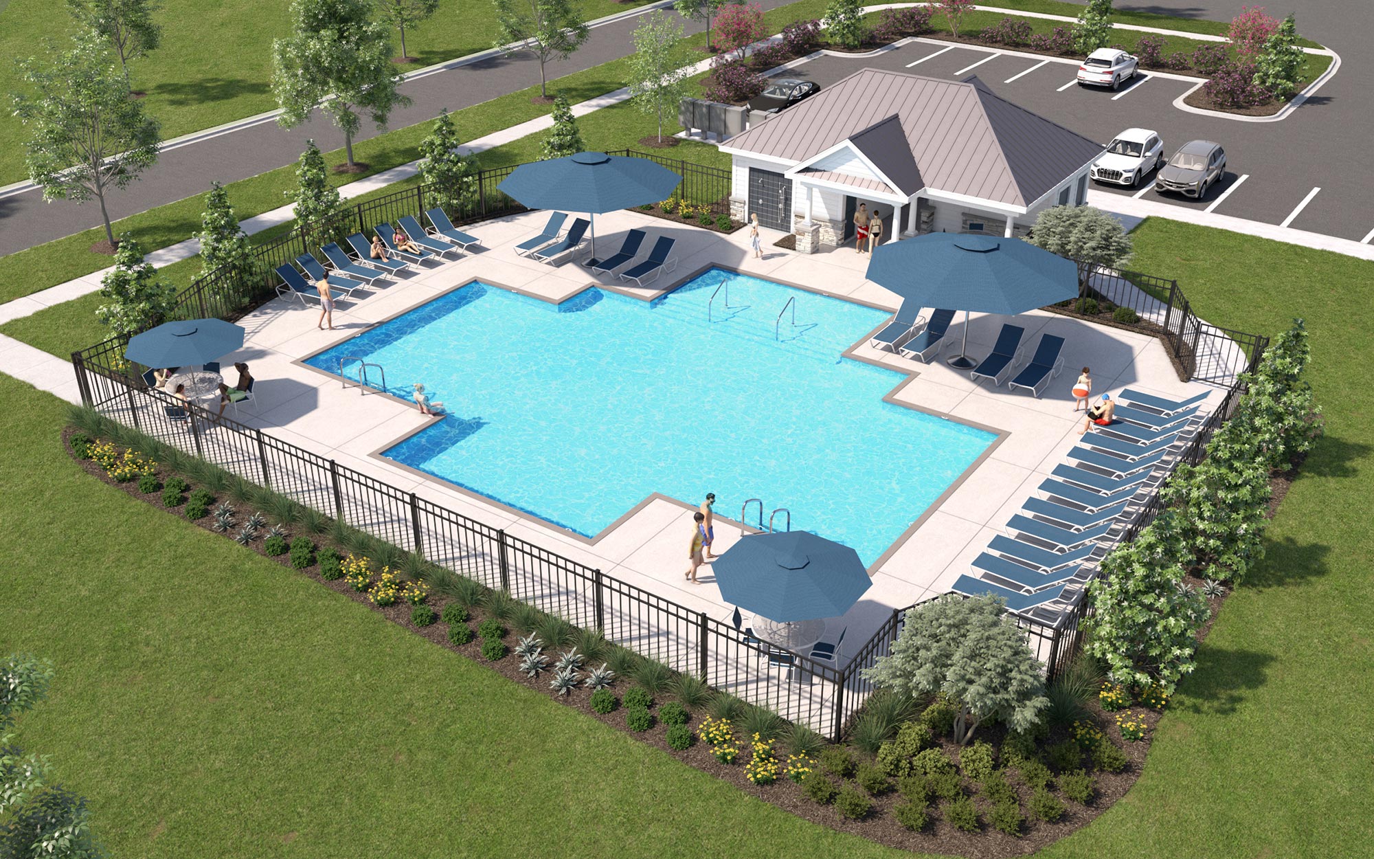 Calico Ridge rendering of pool with cabana and lounge chairs