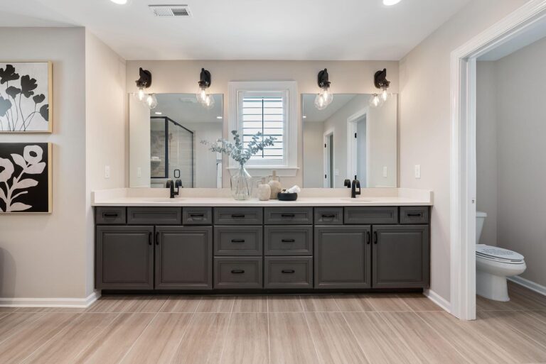 Modern bathroom in Camber Woods with double vanity featuring dark cabinets, two mirrors, decorative vases with greenery, wall art on the left, a shower in the background, and a toilet visible through an open door on the right.